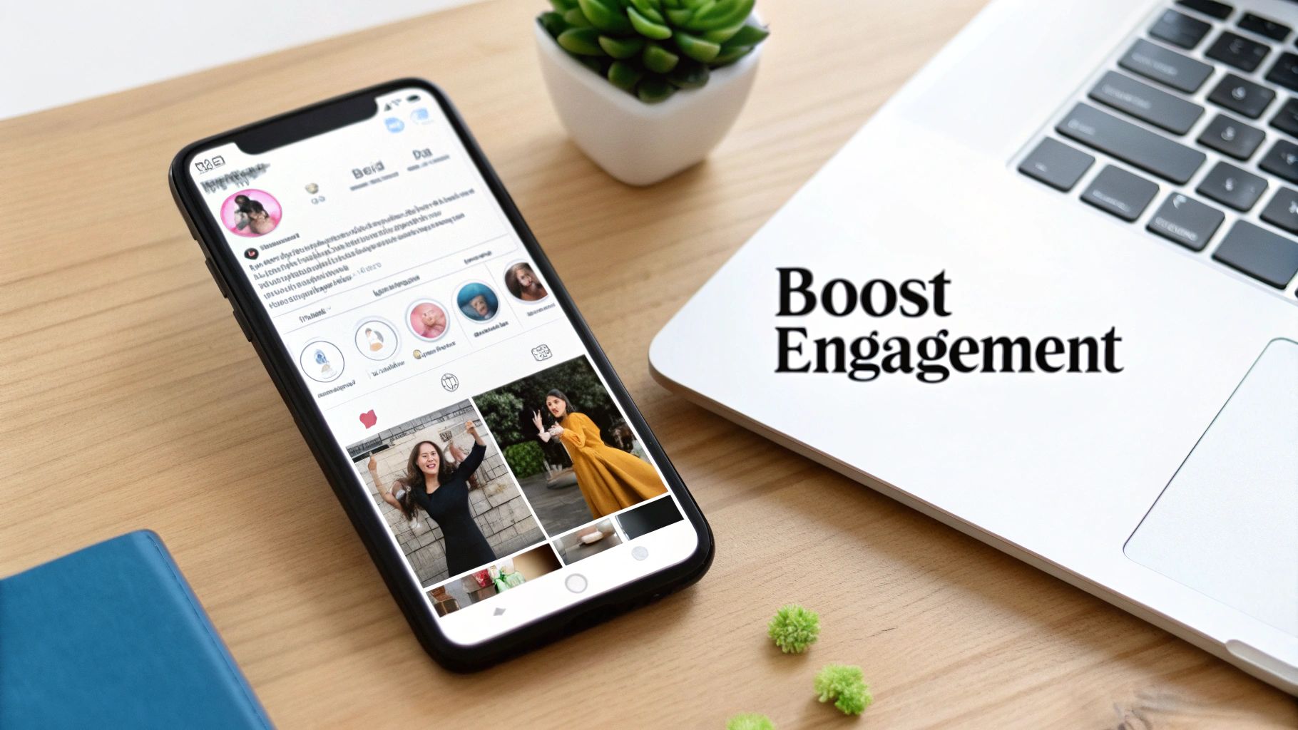 A smartphone displaying a social media feed and a laptop with 'Boost Engagement' text on a wooden desk.