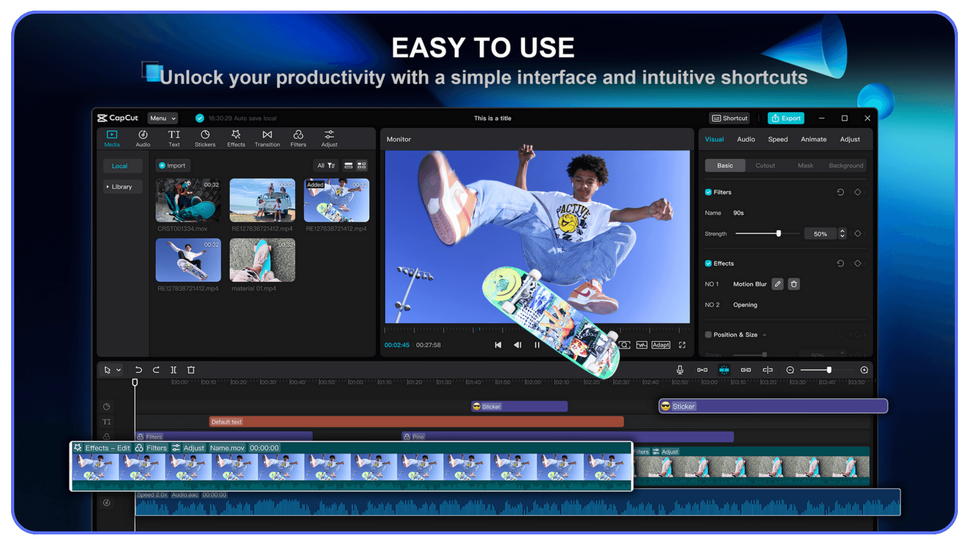 CapCut video editing software workspace showing a skateboarder mid-air and timeline preview with filters and motion blur applied.