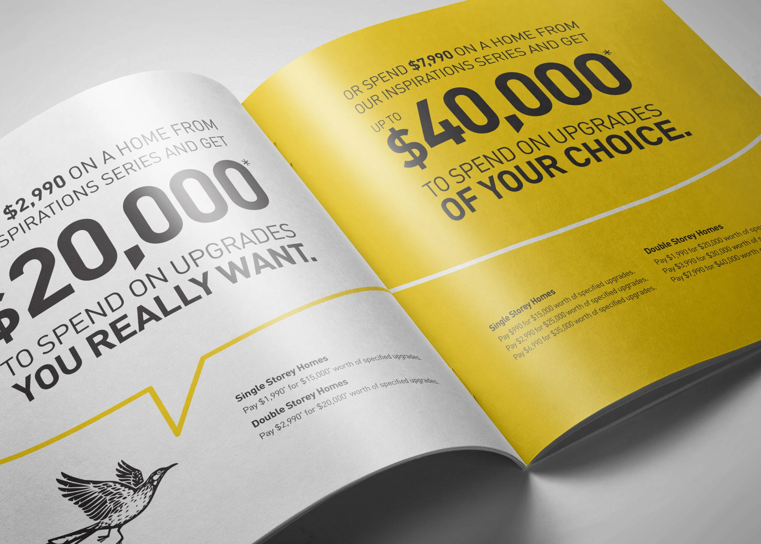 Dennis Family Homes brochure spread: '$20,000 to spend on upgrades you really want' and 'up to $40,000' on yellow