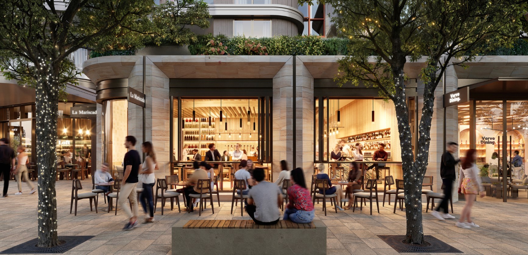 Vibrant retail and dining precinct at Concord Central featuring outdoor restaurants, community spaces and village-style living atmosphere.