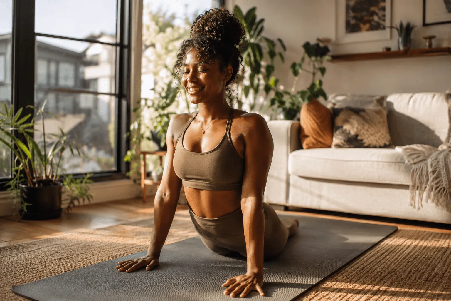 Woman doing a yoga stretch on a mat in a living room