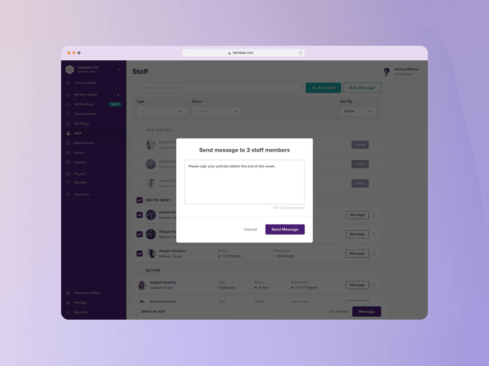 A modal that let's an employer send an employee a message