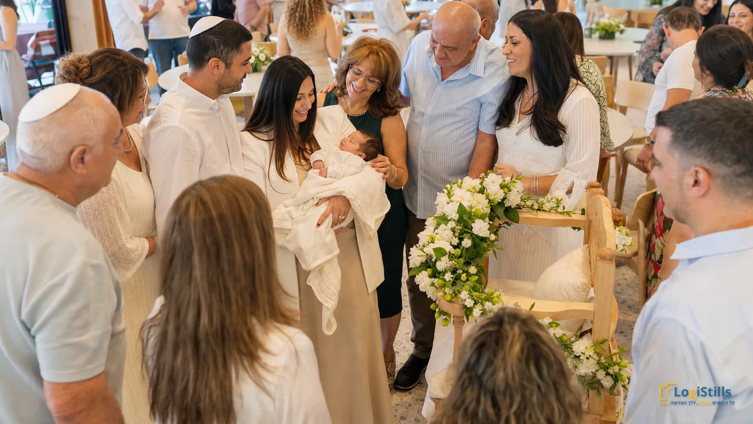 משפחה מקיפה את התינוק בחגיגת ברית בחצר מוארת