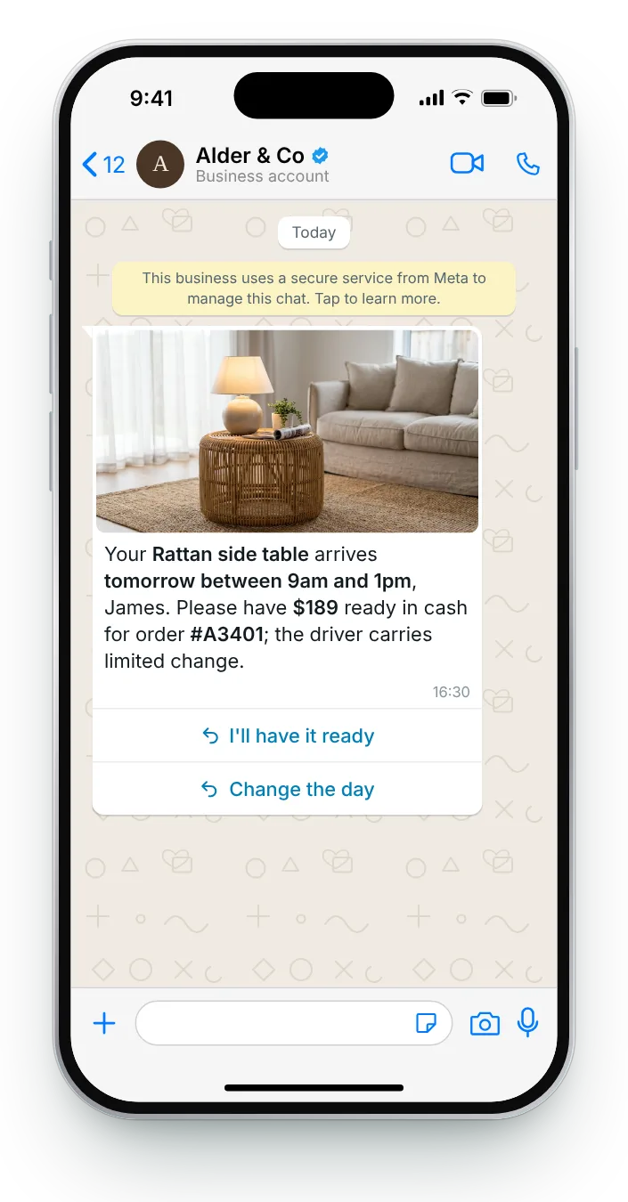The amount and the day, in advance: WhatsApp COD confirmation on an iPhone