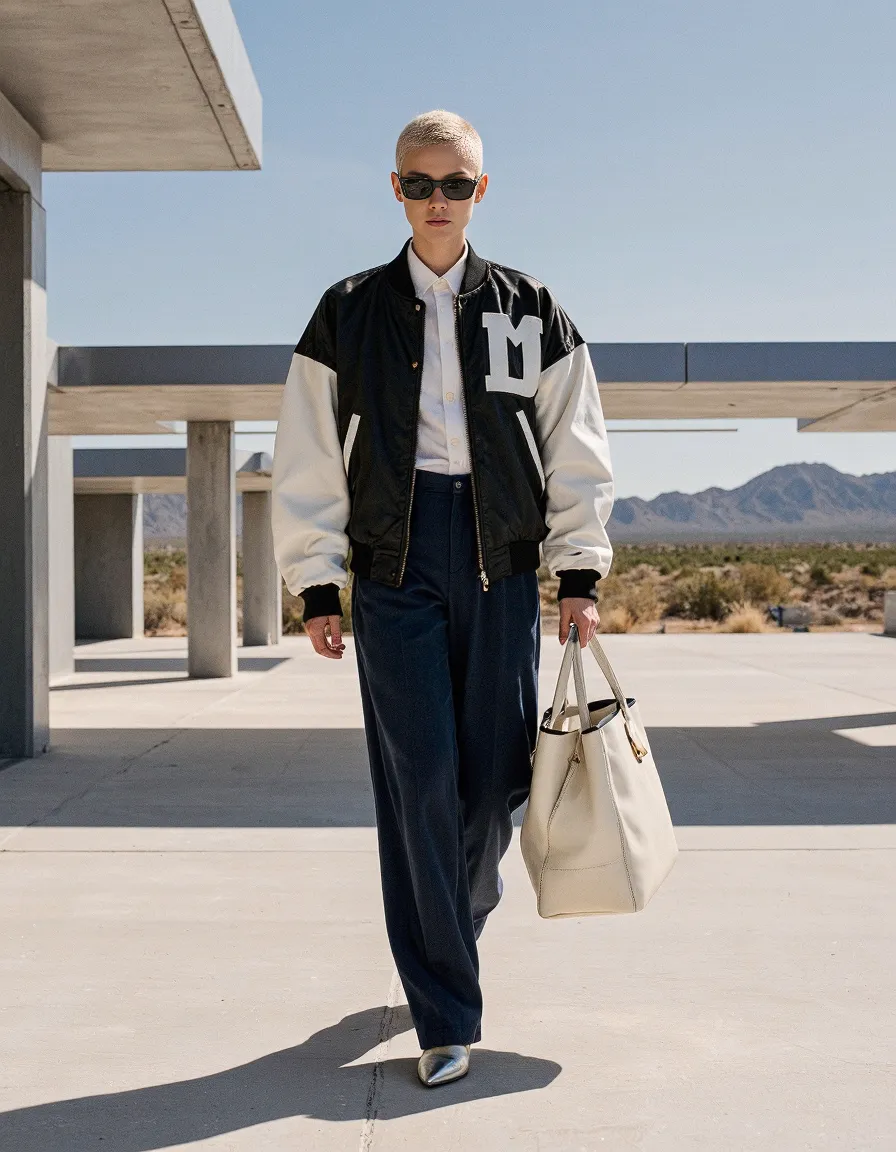 Minimalist fashion scene featuring black and white varsity jacket, navy trousers, and cream tote against desert modernist architecture