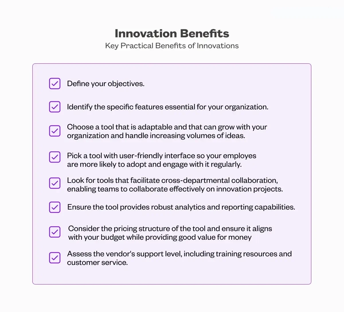List of key practical benefits of innovations.