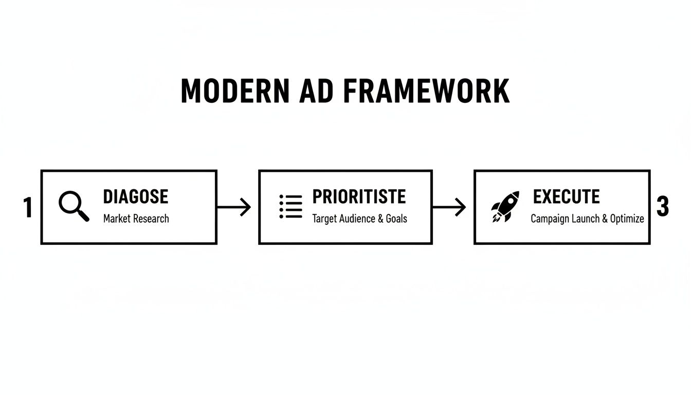 A modern ad framework diagram showing steps for market research, target audience, and campaign execution.