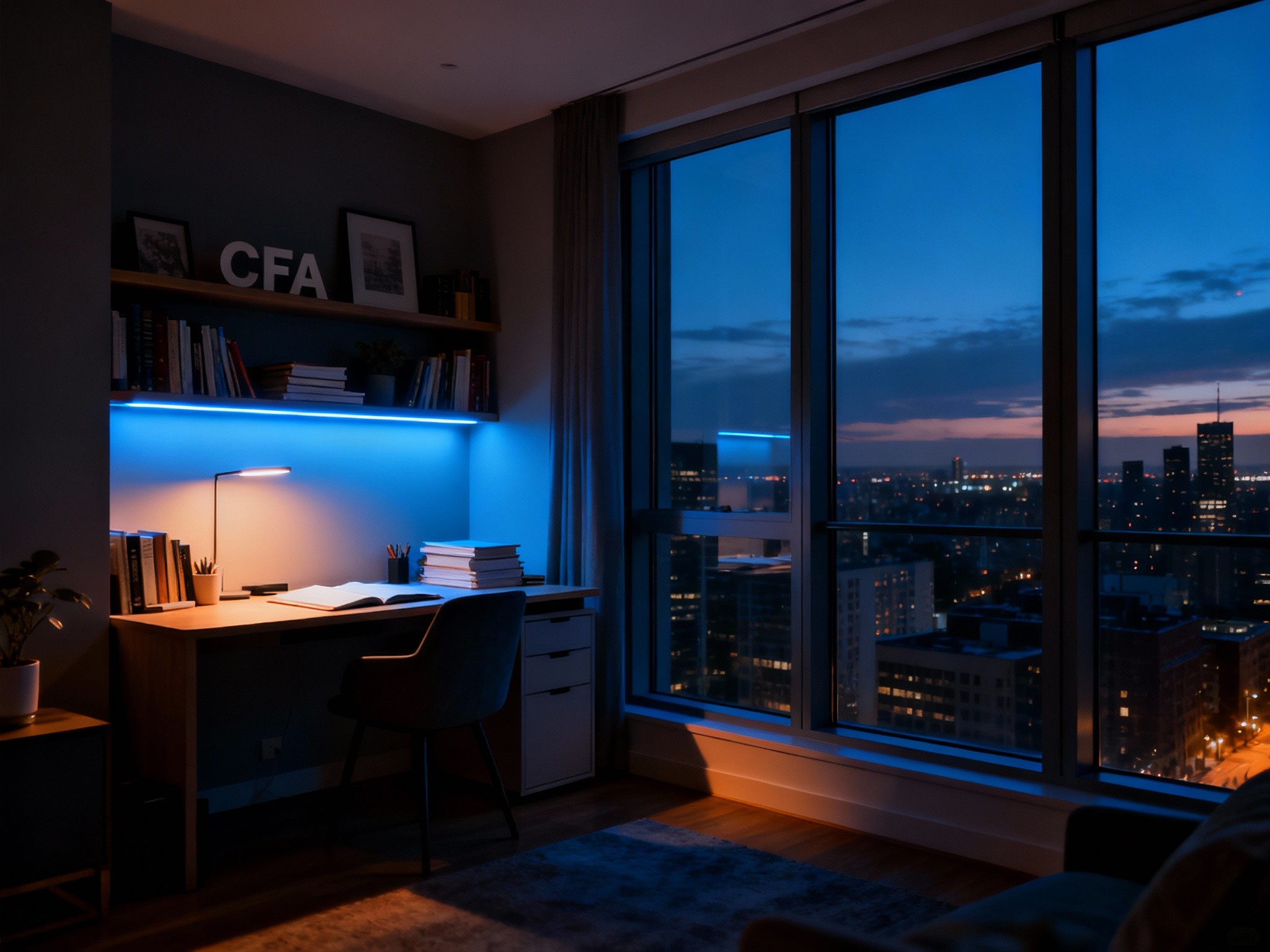 A dramatic twilight view of a stylish urban apartment interior featuring a well-organized CFA study