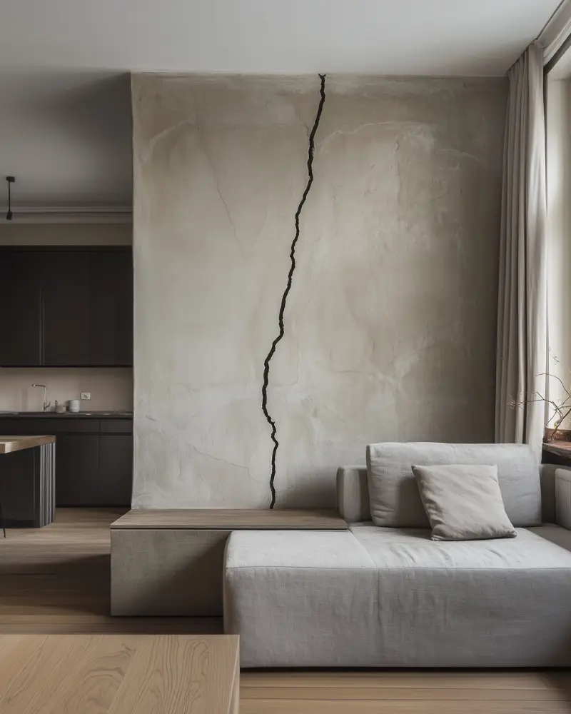 Appartement parisien lumineux avec fissure visible sur le mur.