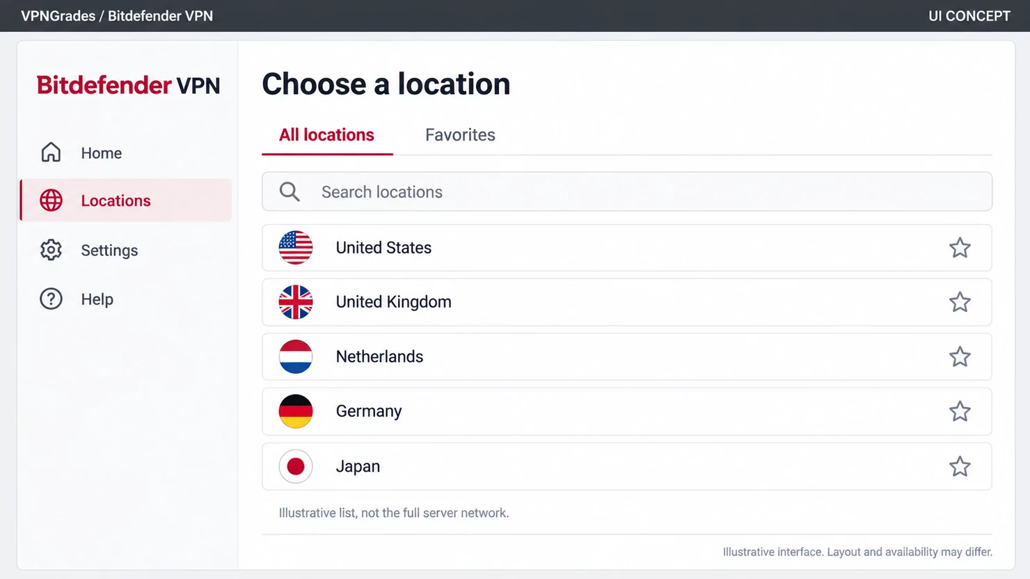 Bitdefender VPN: a location picker concept (illustration).