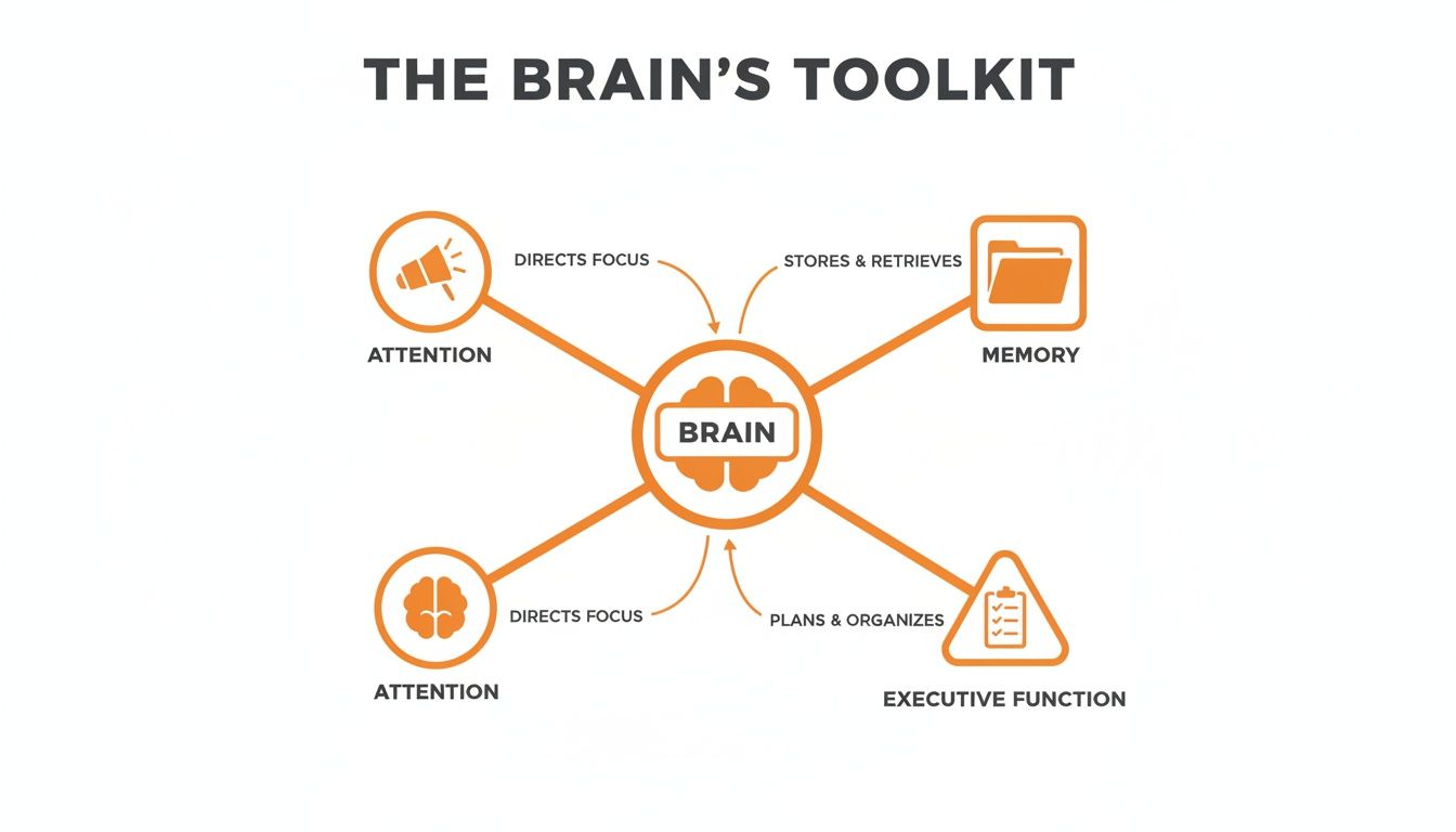 A diagram illustrating the brain's toolkit, connecting attention, memory, and executive function to the brain.