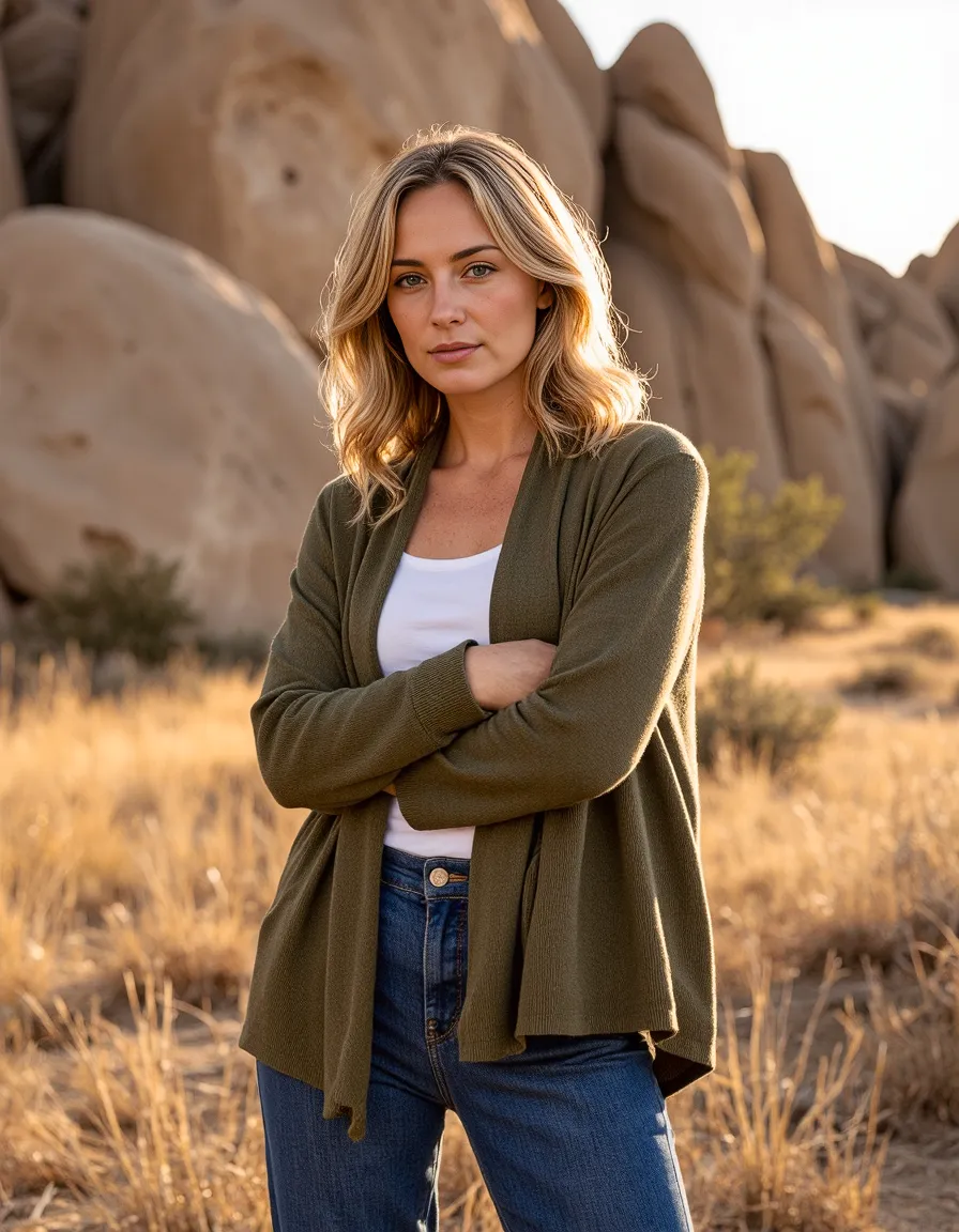 Portrait in desert landscape with golden sunlight, featuring subject in olive cardigan against rocky backdrop with warm-toned grasses.