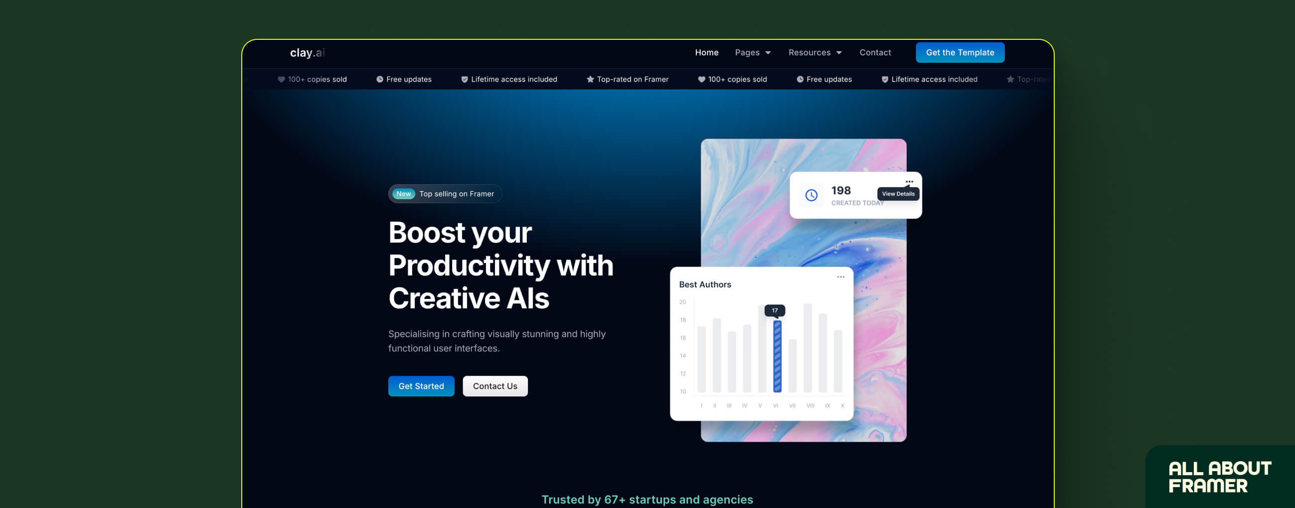 Hero section being built in Framer editor with layers panel visible, showing headline text, sub-headline, CTA button, and product mockup layout