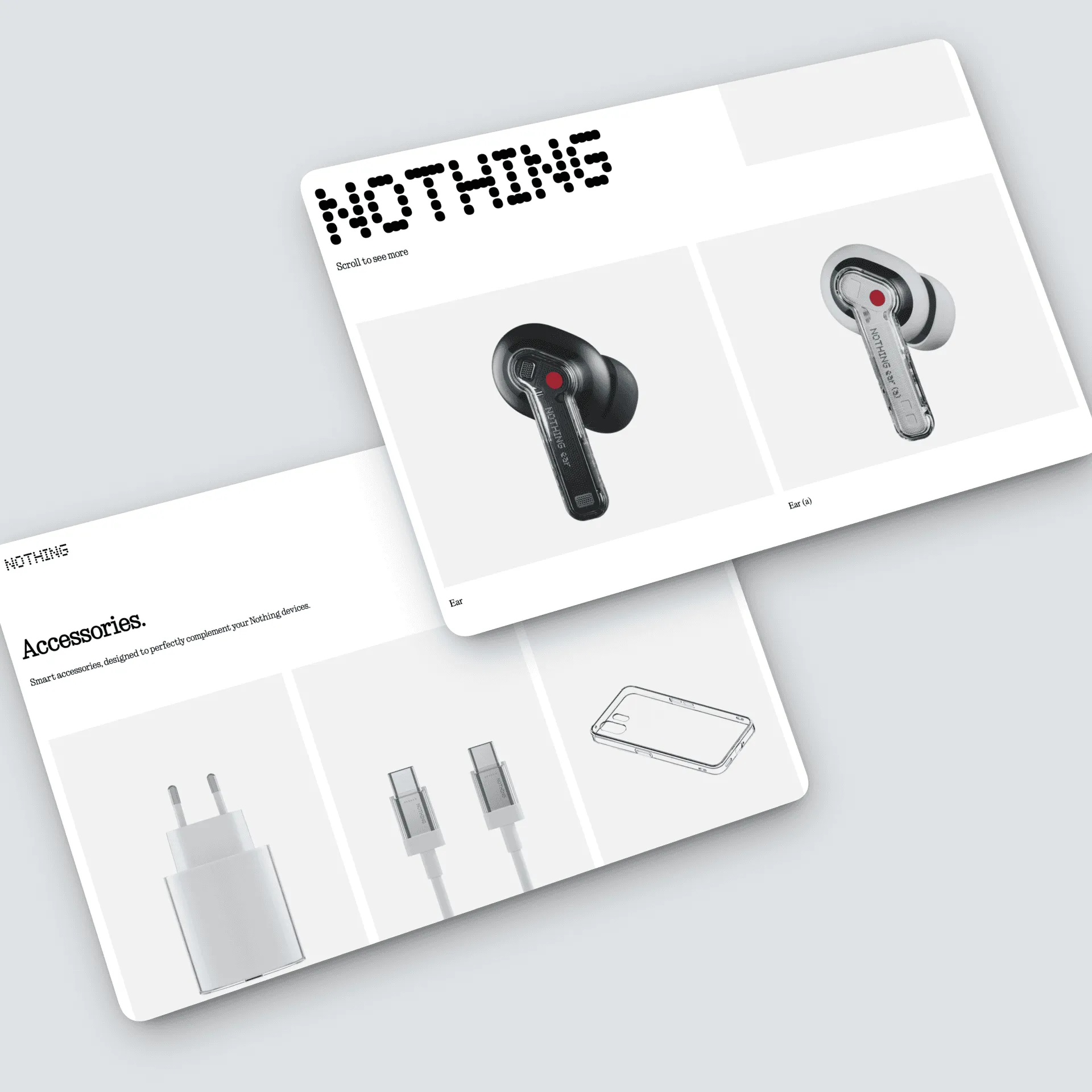 Deux cartes produit Nothing - Écouteurs wireless design transparent, accessoires câble et prise chargement