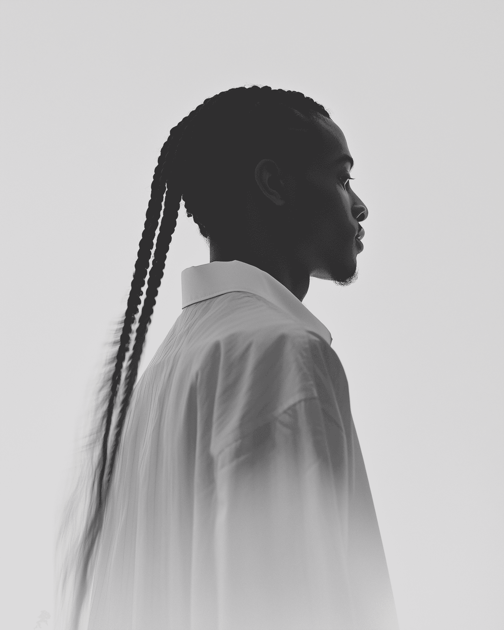 A black and white portait of a guy with braids hair against a clean white background