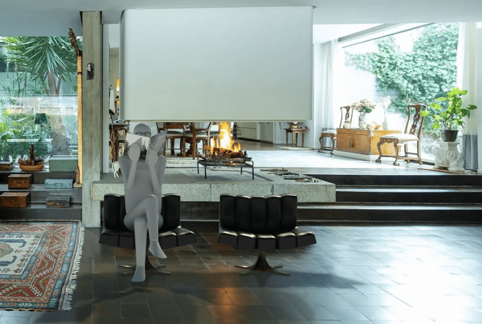 Revit rendering of Andy seated in the Butaca Granada and reading a book by Javier Carvajal.