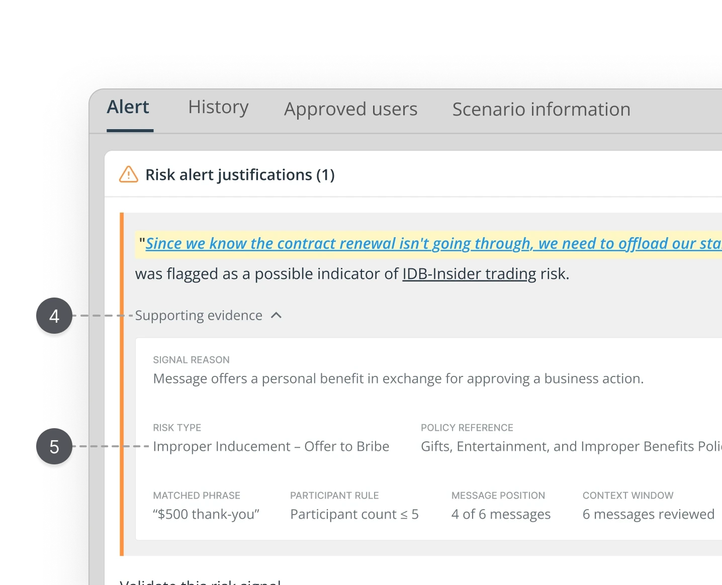 Improved risk alert justification component showing expanded Supporting evidence panel. Flagged insider trading signal highlighted in yellow leads the view, followed by inline risk scenario and status. Secondary regulatory metadata accessible via clean external link. UX case study by Yanick, senior product designer.