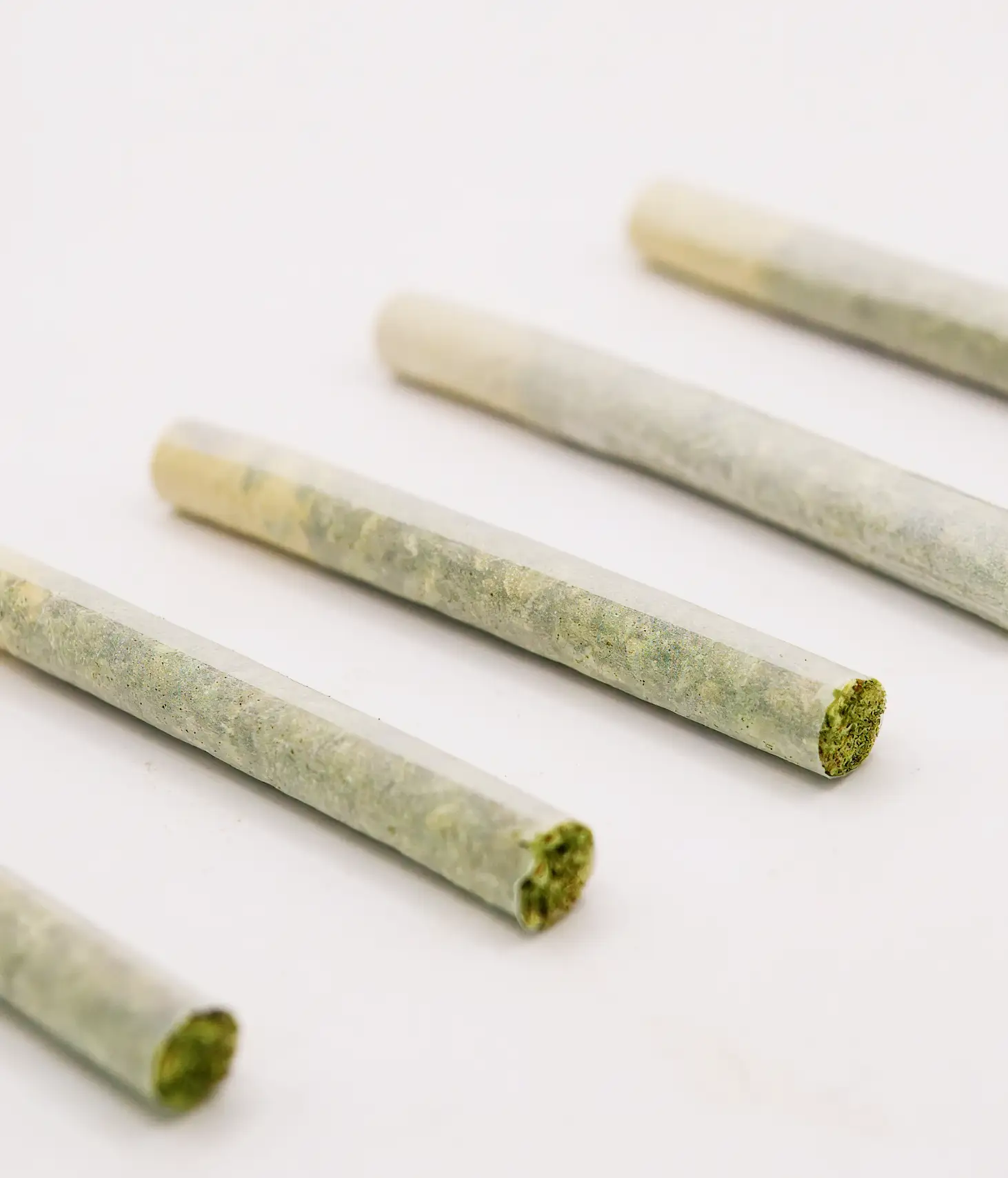 Five pre-rolled cannabis joints lined up on a dark surface, Sunkissed Farm product