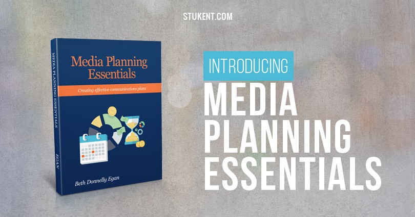 Image shows a textbook titled Media Planning Essentials with icons of charts and a calendar. Text reads: “Introducing Media Planning Essentials.” The Stukent.com logo appears at the top.