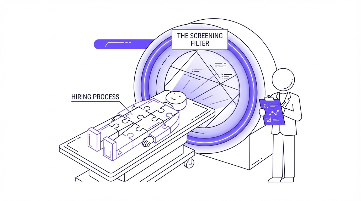 A diagram showing a hiring process being analyzed by an MRI-style machine, representing the screening and evaluation phase of recruitment.