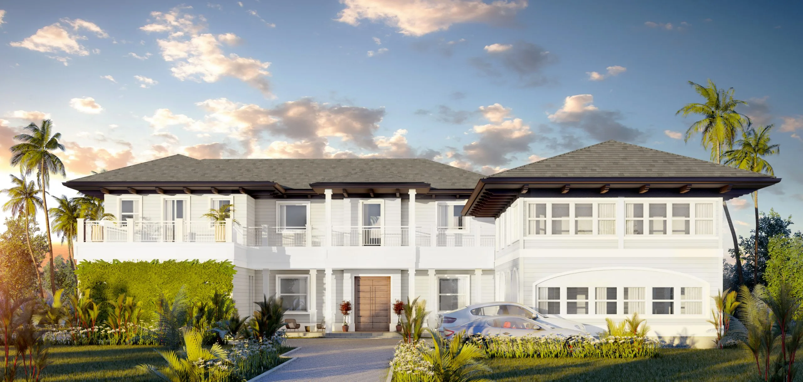 Front exterior of two-story British Colonial residence with wrap-around balconies, Hardie Avenue Miami Beach