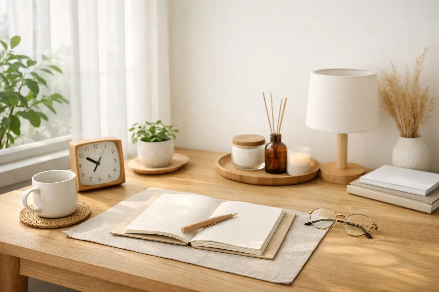 Espace de travail minimaliste lumineux avec carnet et tasse de thé symbolisant une pause mentale pour améliorer la qualité de vie au travail.