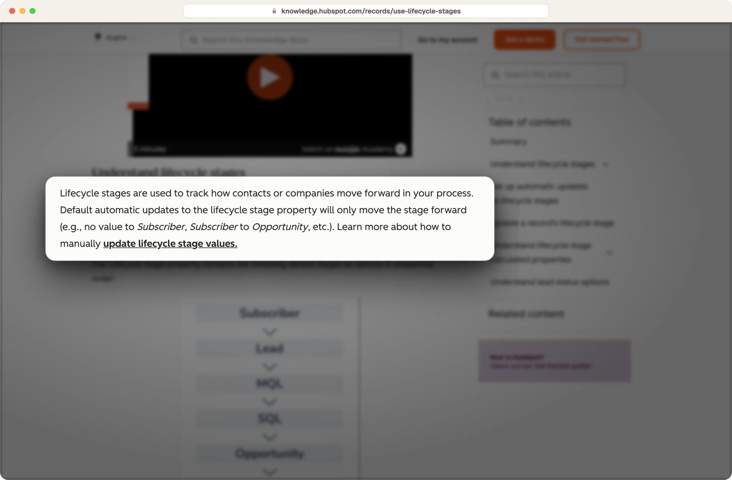 HubSpot knowledge base explaining lifecycle stages track how contacts and companies move forward, highlighted