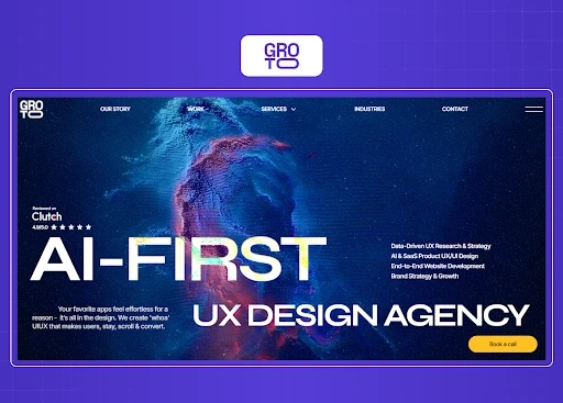 AI-first UX design agency homepage showcasing digital product design, AI-focused services, and enterprise UX expertise.