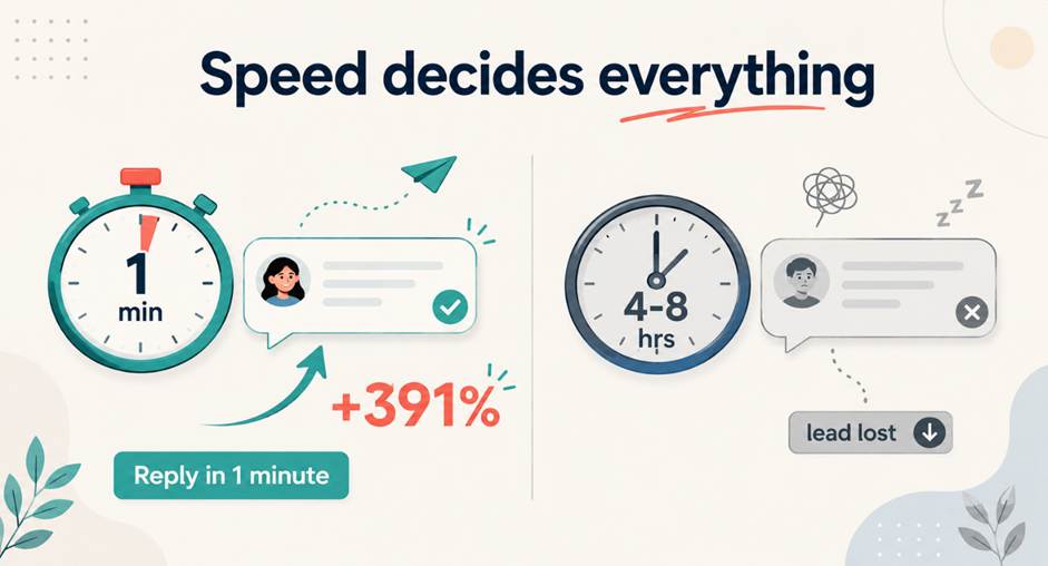 Illustration showing replying to Instagram DMs within one minute drives 391 percent higher conversion versus slow 4 to 8 hour replies in 2026