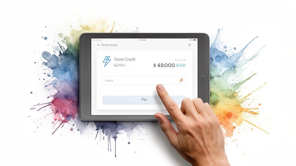 A hand taps a tablet displaying a store credit app with $49,000 balance against a colorful watercolor splash background.