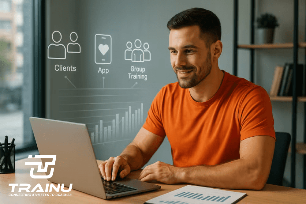 Smiling man sitting at a table with a laptop, phone, and coffee mug, engaged in a video call or online meeting.