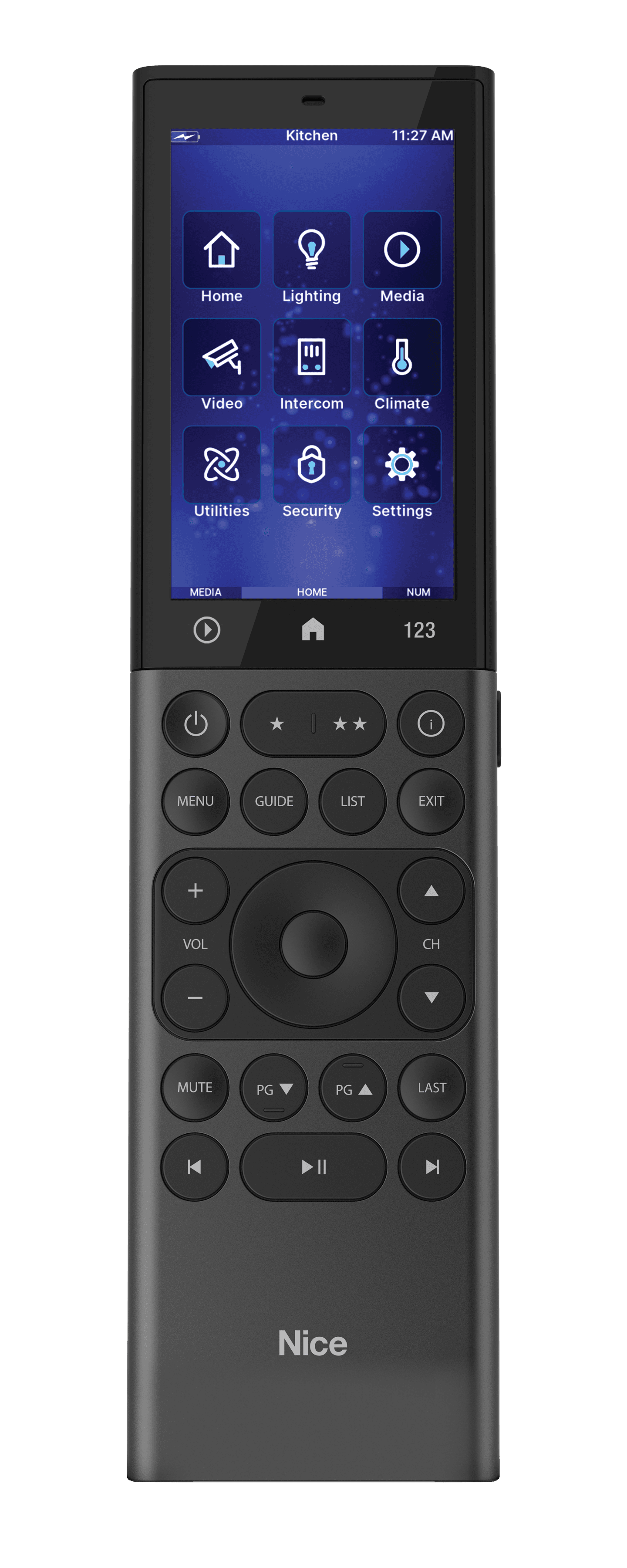 Touchscreen remote with icons for home, lighting, media, video, intercom, climate, utilities, security, settings.