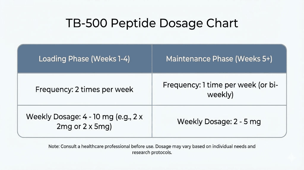 TB-500 dosage protocol chart showing loading and maintenance phases