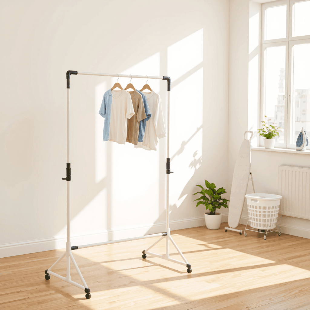 product photography of a set of drying racks for clothes