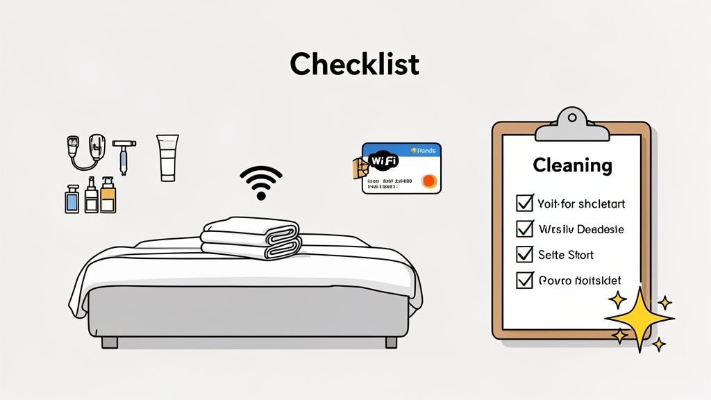 A checklist for an Airbnb or hotel room showing amenities like toiletries, fresh towels, WiFi, and a cleaning list.