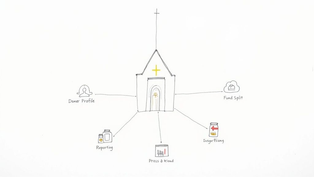 A close-up of a digital dashboard showing donation trends and fund balances for a church.