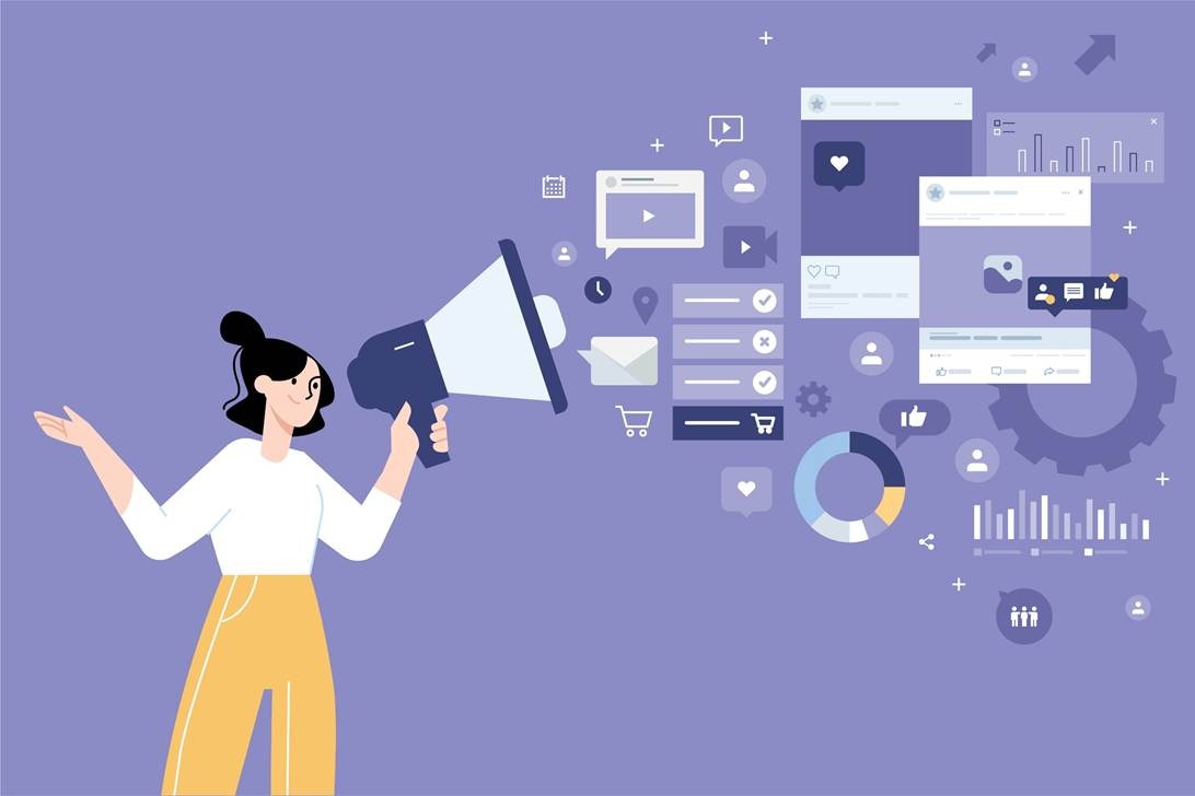 Illustration of a woman holding a megaphone with a stream of social media and digital marketing elements flowing out, including video players, email, charts, pie graphs, likes, gears, and social network icons, on a purple background