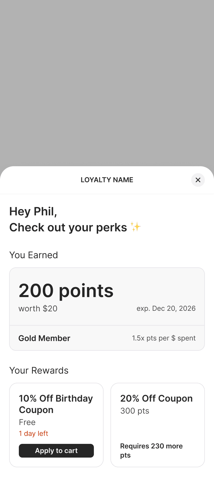 mobile UI showing the loyalty widget state after a cupon has been applied