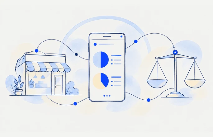 Islamic fintech in fine navy linework with cobalt accents and pale watercolor washes.