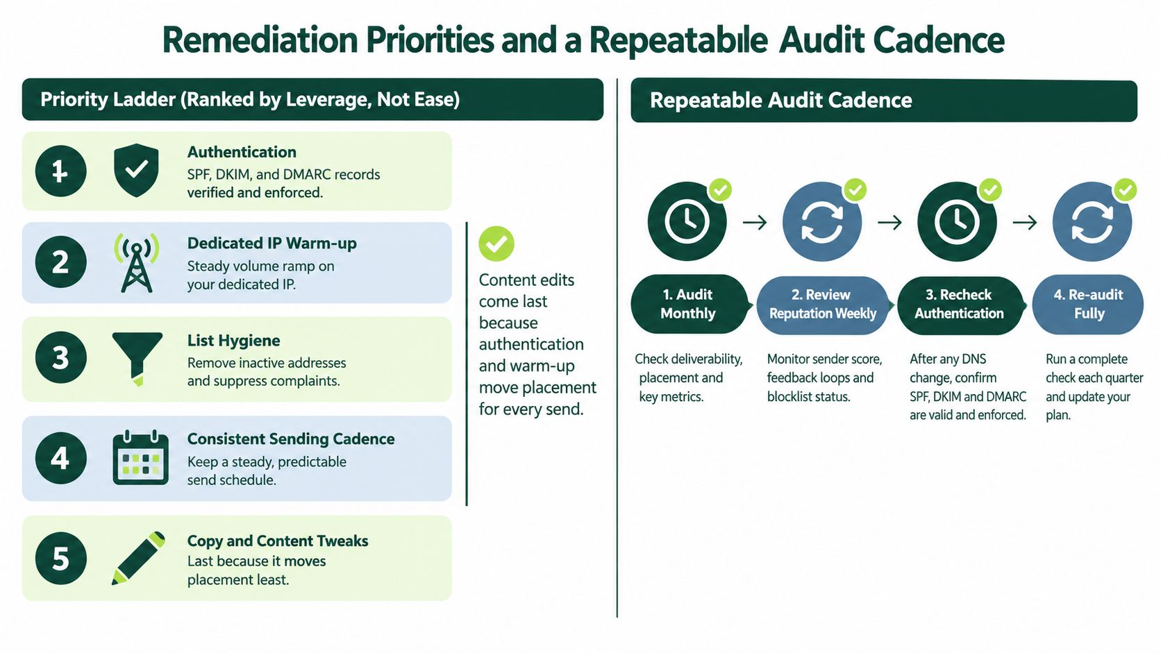 An infographic detailing a five-step priority ladder for email remediation and a four-step repeatable audit cadence.