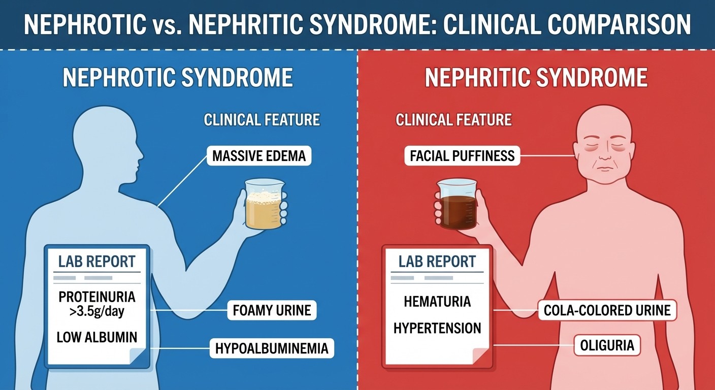 Comparison diagram of nephrotic syndrome vs nephritic syndrome clinical features and lab findings