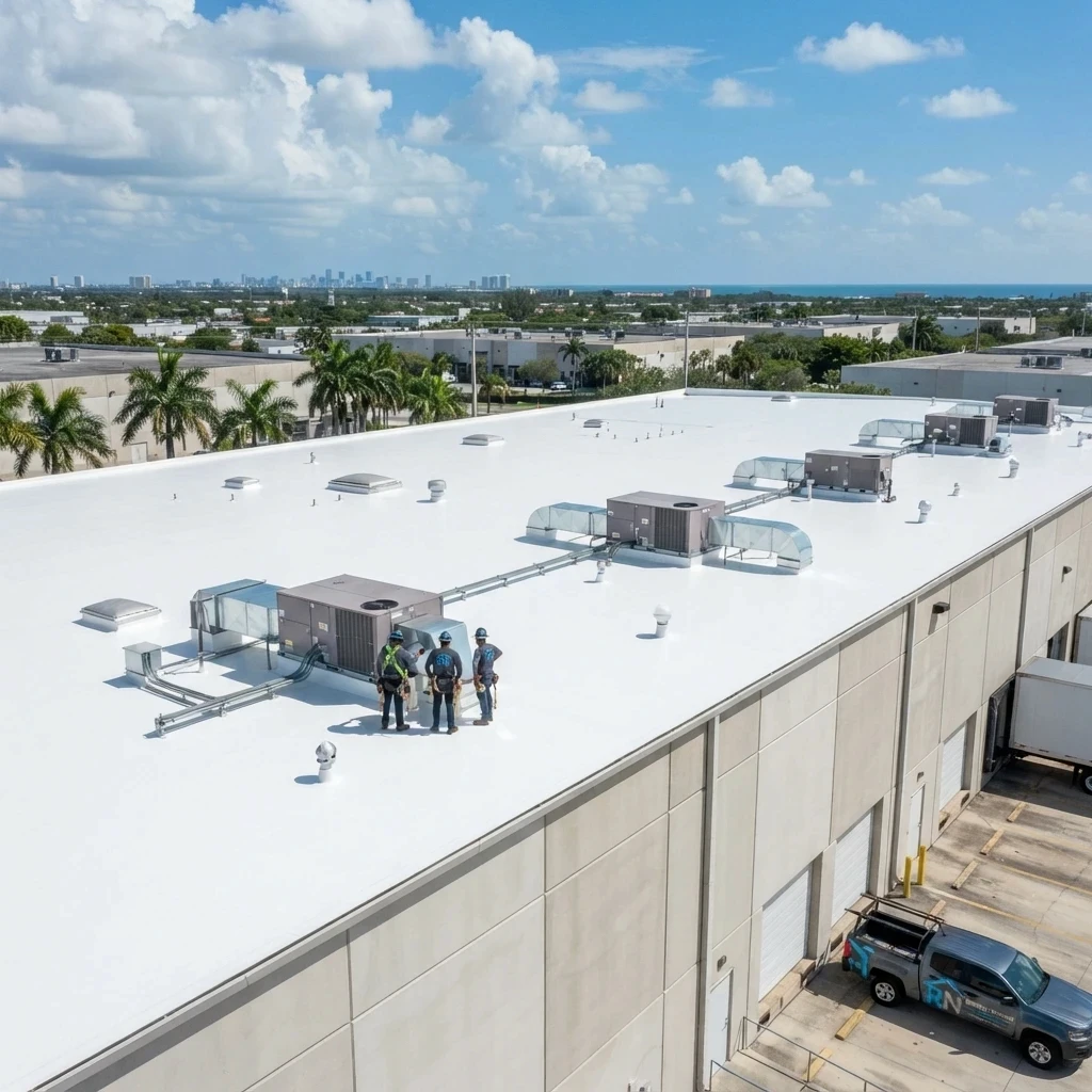 Large white TPO commercial roof with rooftop HVAC units on a South Florida warehouse