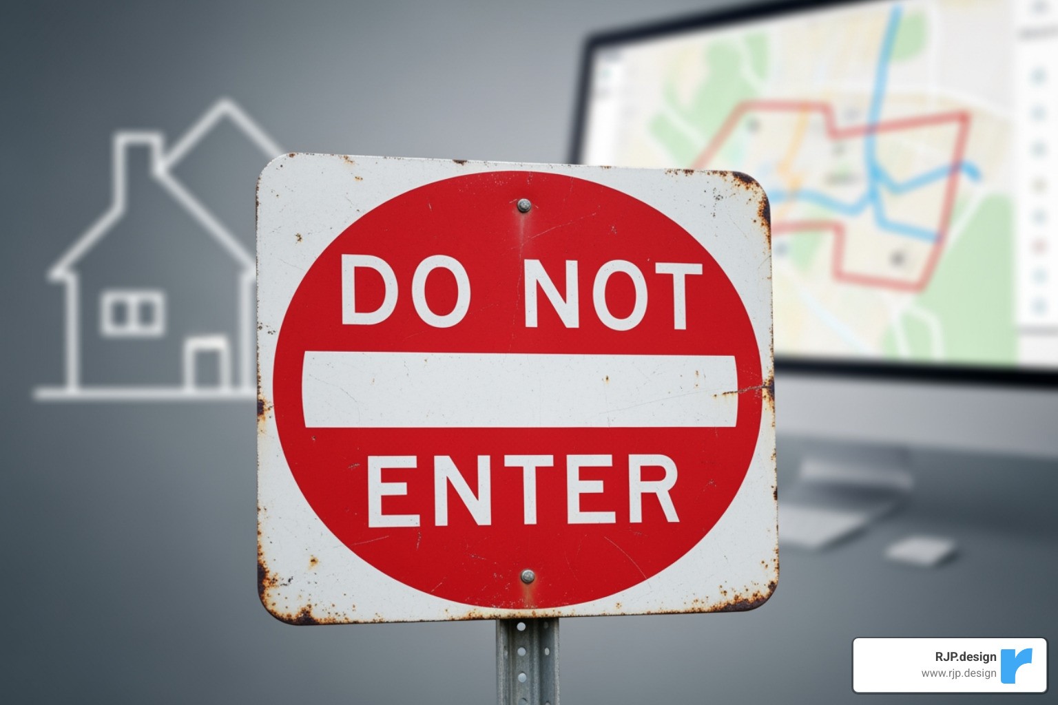 A "Do Not Enter" sign with common local SEO mistakes for real estate agents: Inconsistent NAP, Ignoring GBP, Keyword Stuffing, Neglecting Mobile Optimization, Overlooking Technical SEO. - local seo for real estate agents