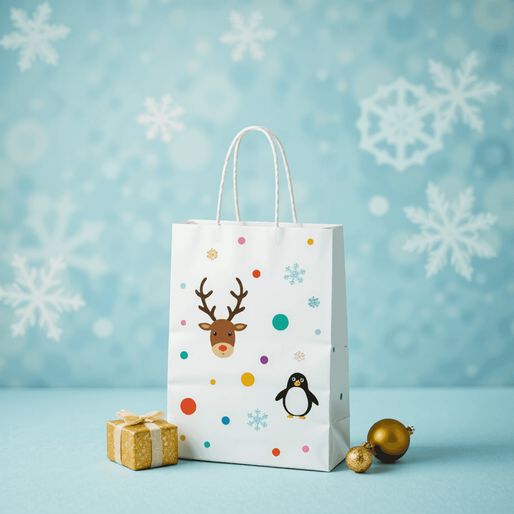 product photography of a decorative gift bag with a holiday theme