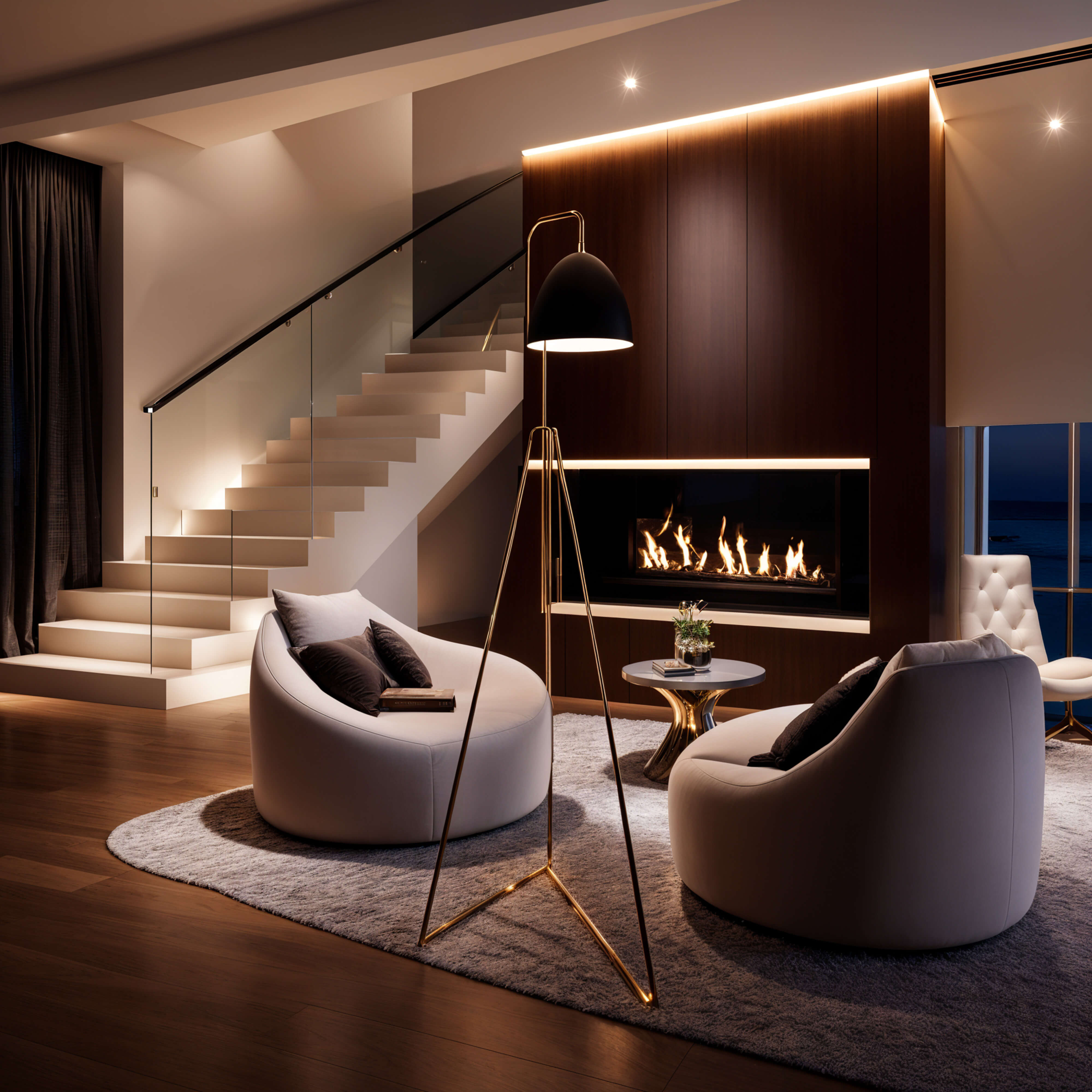Contemporary Florida living room featuring a sleek linear fireplace, sculptural lounge chairs, soft uplighting, and a minimalist staircase with coastal views.