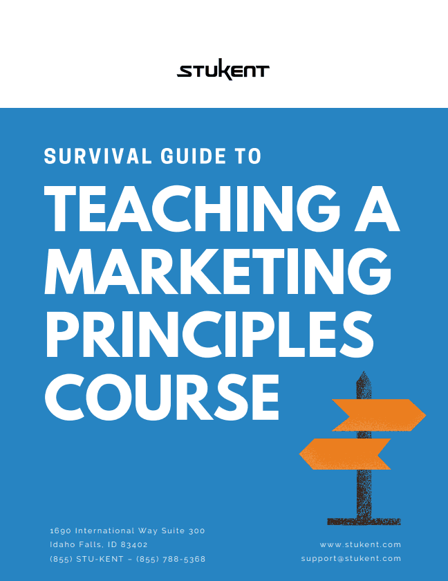 Cover of a guide titled “Survival Guide to Teaching a Marketing Principles Course.” Features Stukent logo, directional sign graphic, and contact information at the bottom. Background is bright blue with bold white and orange text.
