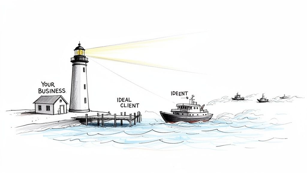 A lighthouse (Your Business) shines a bright beam towards an ideal client boat, symbolizing strategic positioning.