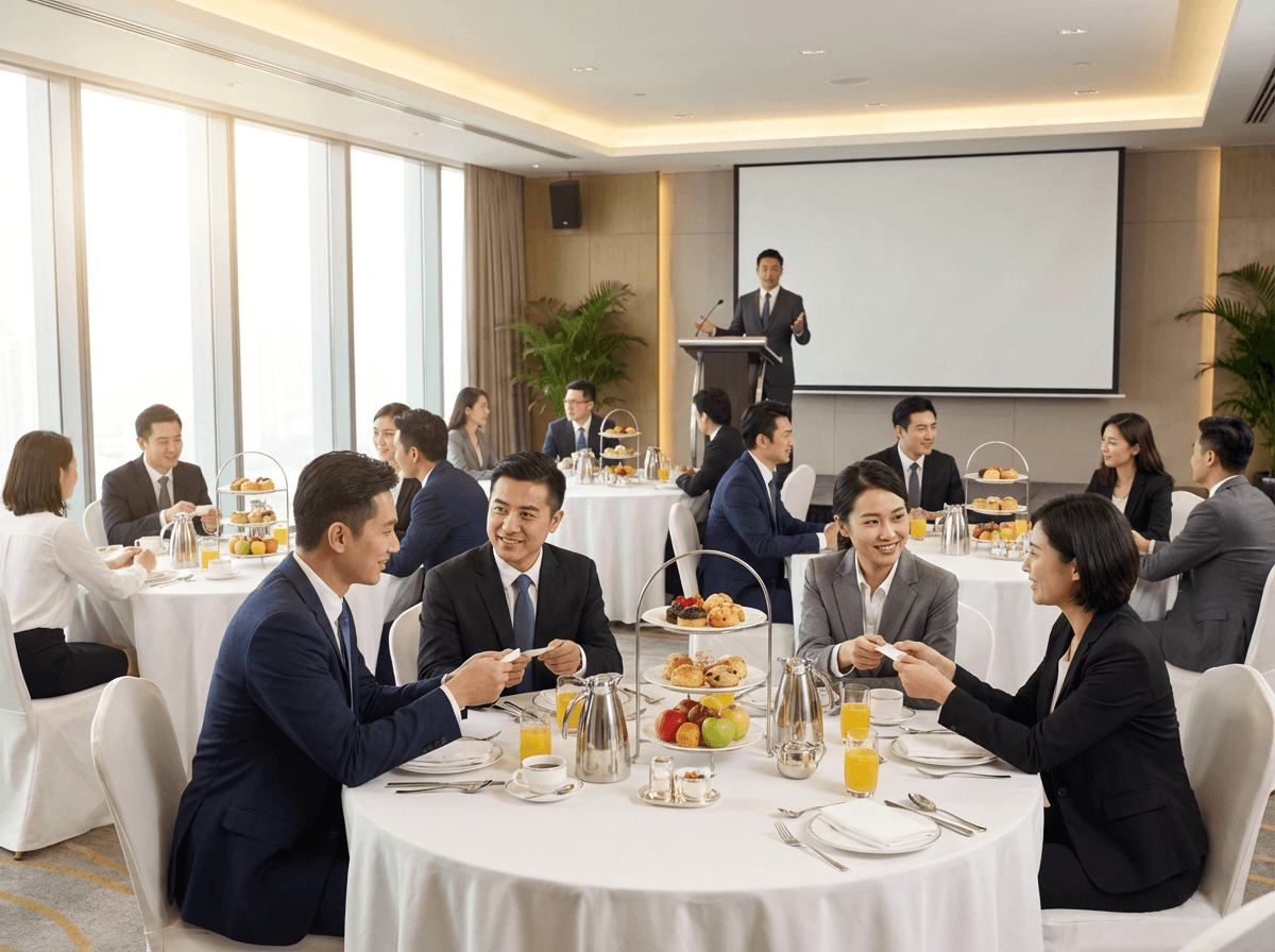 香港商務引流活動統籌，專業人士在酒店宴會廳交換名片並參與中小型精準獲客交流。