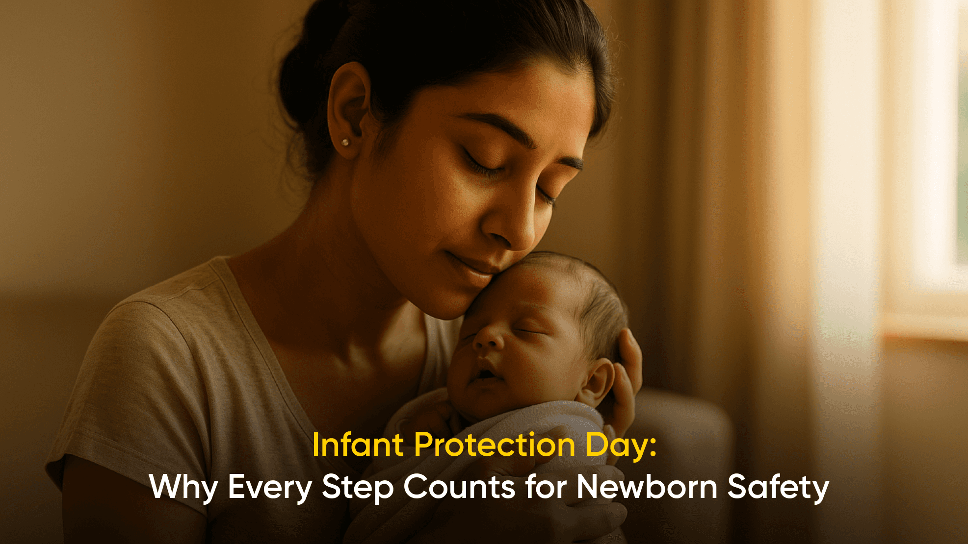 Mother gently holding and comforting her sleeping newborn baby for Infant Protection Day awareness