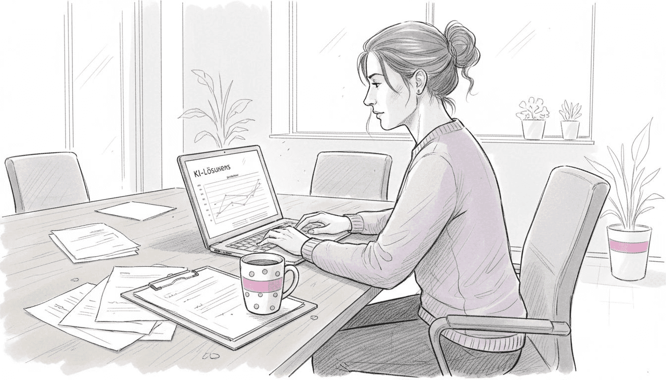 Eine Frau prüft am Laptop verschiedene KI-Lösungen und vergleicht deren Funktionen.